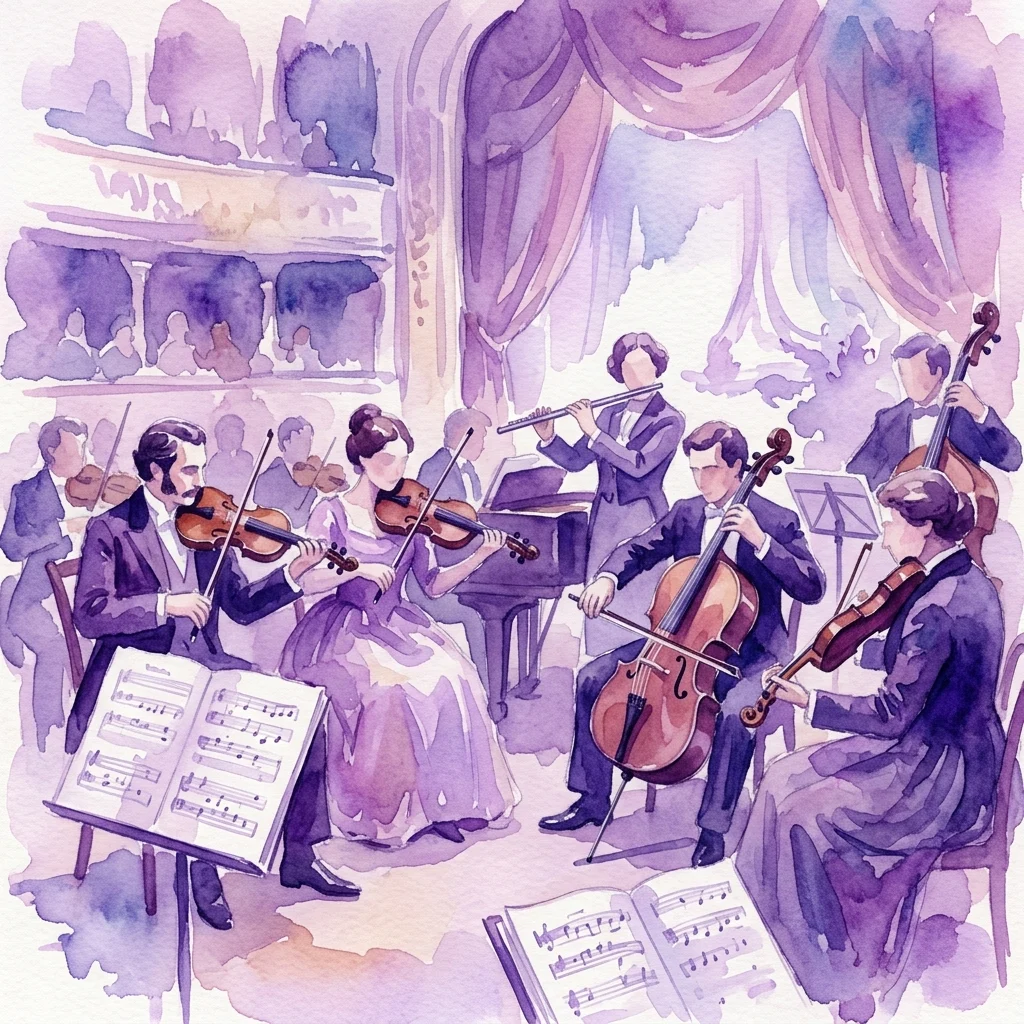 Waterverfillustratie van een kamermuziekuitvoering uit de 19e eeuw met musici die viool, cello, fluit en piano spelen in een theatrale setting met bladmuziek en zitplaatsen voor het publiek.