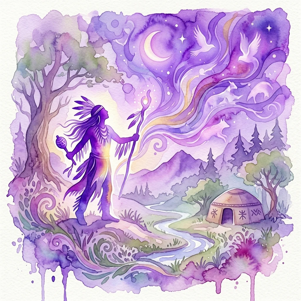 Ilustracja akwarelowa szamana w tradycyjnym stroju trzymającego laskę i grzechotkę, otoczonego mistycznym krajobrazem z jurtą, rwącą rzeką i duchowymi symbolami pod fioletowym niebem z półksiężycem i ptakami.