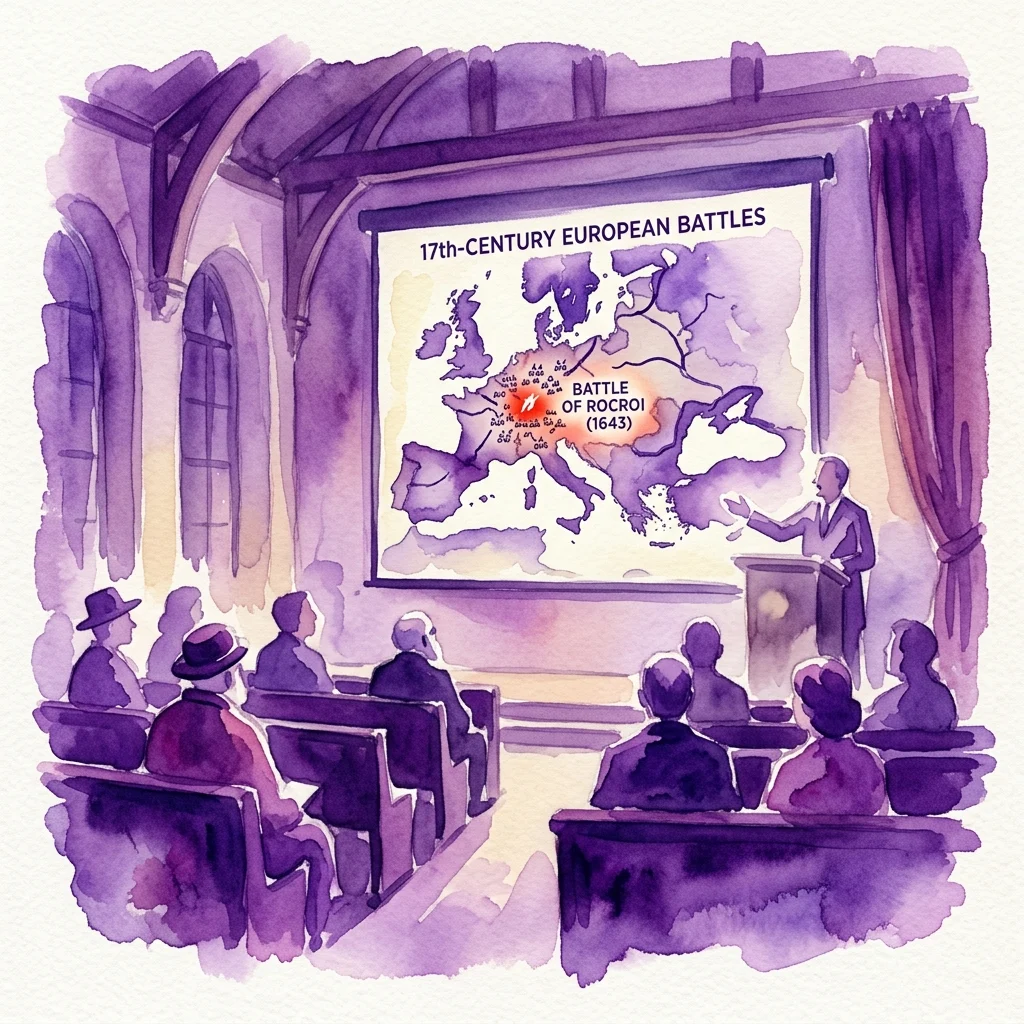 Ilustracja akwarelowa wykładu o europejskich bitwach XVII wieku, z prelegentem prezentującym mapę podkreślającą Bitwę pod Rocroi (1643) audytorium w zabytkowej sali.