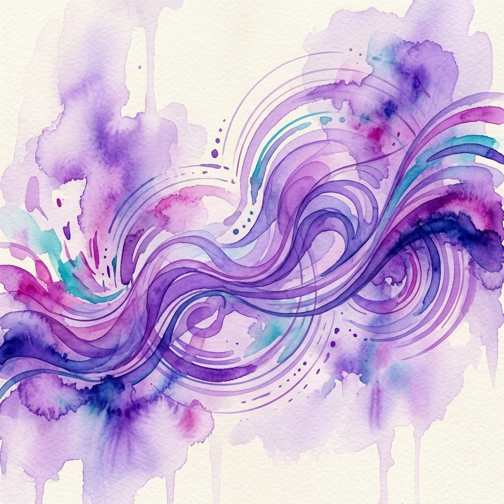 Obra de arte abstracta en acuarela con tonos fluidos de púrpura, azul y rosa, que representa la publicación 'Escuchar el color' de la serie 'Ciclos de Miércoles', mayo de 2025.