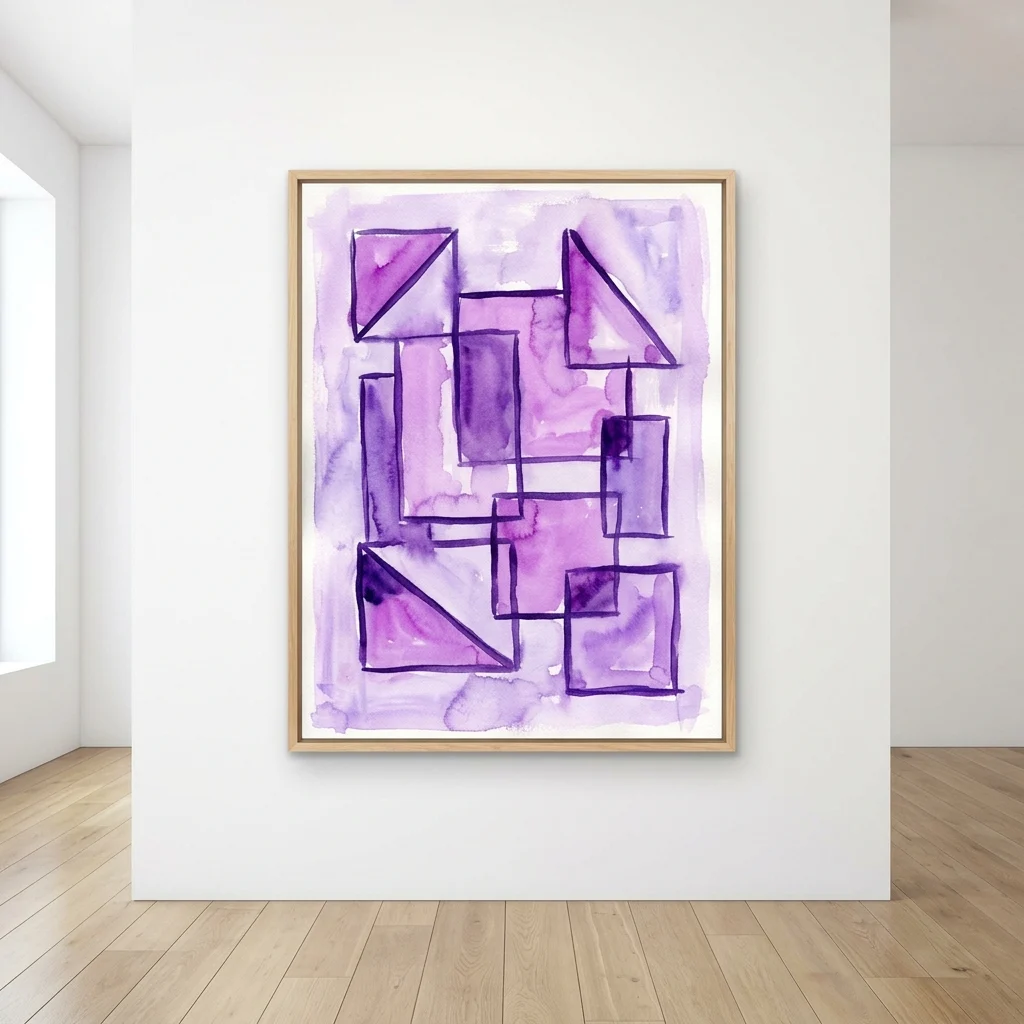 Abstract geometric artwork in purple watercolor with bold lines, displayed in a light wood frame on a white gallery wall.