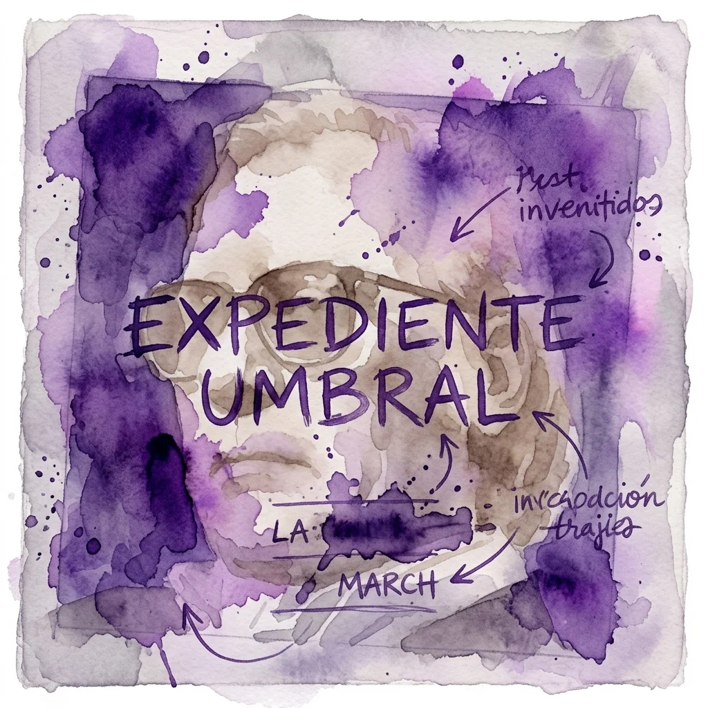 Ilustracja akwarelowa tytułu 'Expediente Umbral' z fioletowymi i brązowymi plamami, odręcznymi adnotacjami i słowem 'MARCH' na dole, reprezentująca serię podcastów o ukrytej tożsamości Francisco Umbrala.