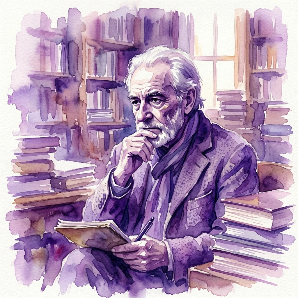 Portret poety Félix Grande w bibliotece, otoczony książkami, trzymający notatnik i pióro, nawiązujący do literackiej kontemplacji.