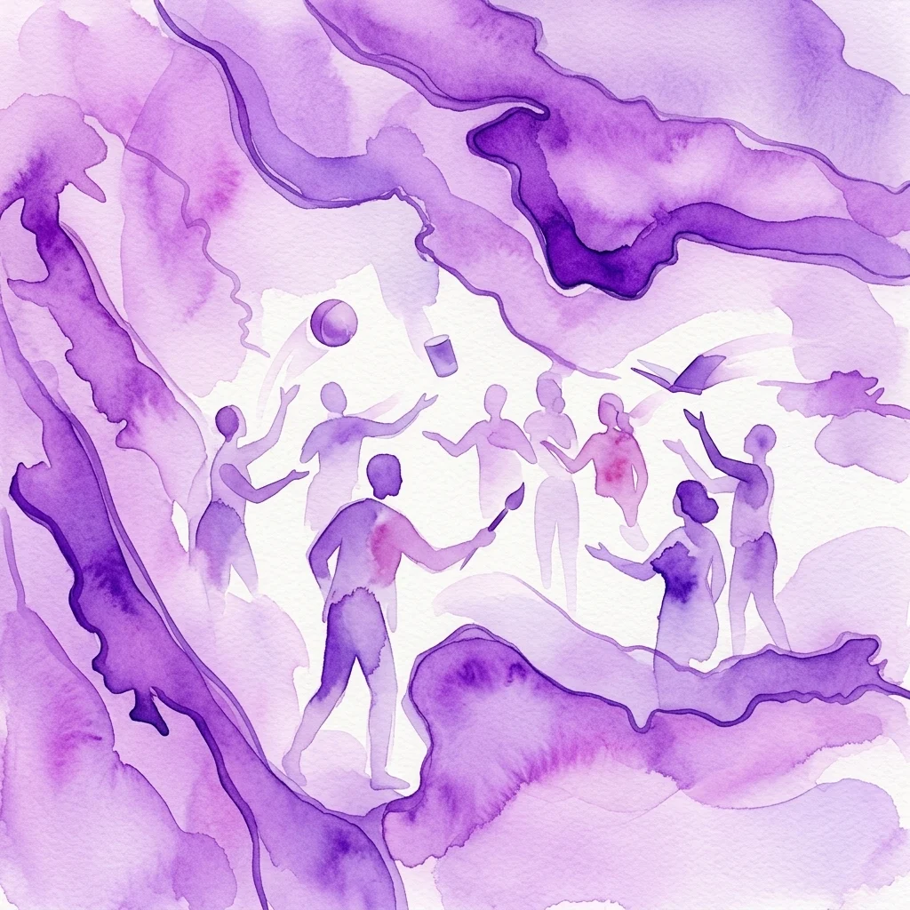 Paarse aquarelillustratie van gehandschoende figuren in een samenwerkingsworkshop, interacterend met alledaagse objecten zoals een bal en een beker, wat performatieve verhalen vertelt in een hedendaagse kunstsetting.
