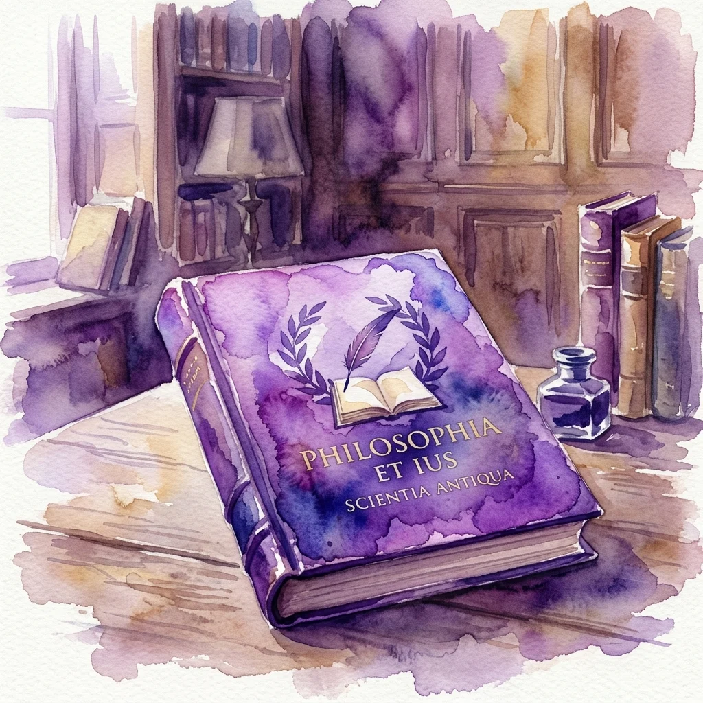 Ilustracja akwarelowa fioletowej książki zatytułowanej 'Philosophia et Ius Scientia Antiqua' na drewnianym stole, otoczona książkami i lampą w naukowym otoczeniu.