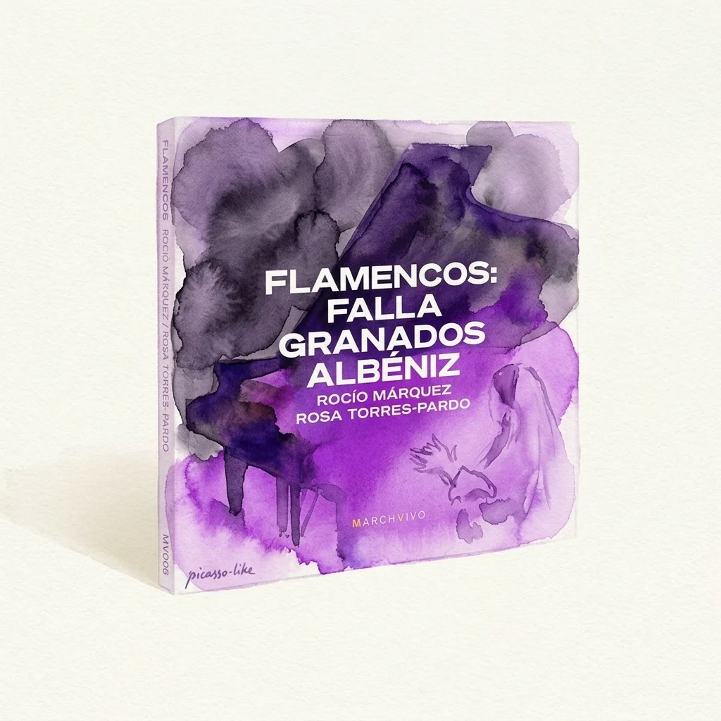 Portada del álbum 'Flamencos: Falla, Granados, Albéniz' con un diseño de acuarela púrpura con una pianista y una cantaora, interpretado por Rocío Márquez y Rosa Torres-Pardo.