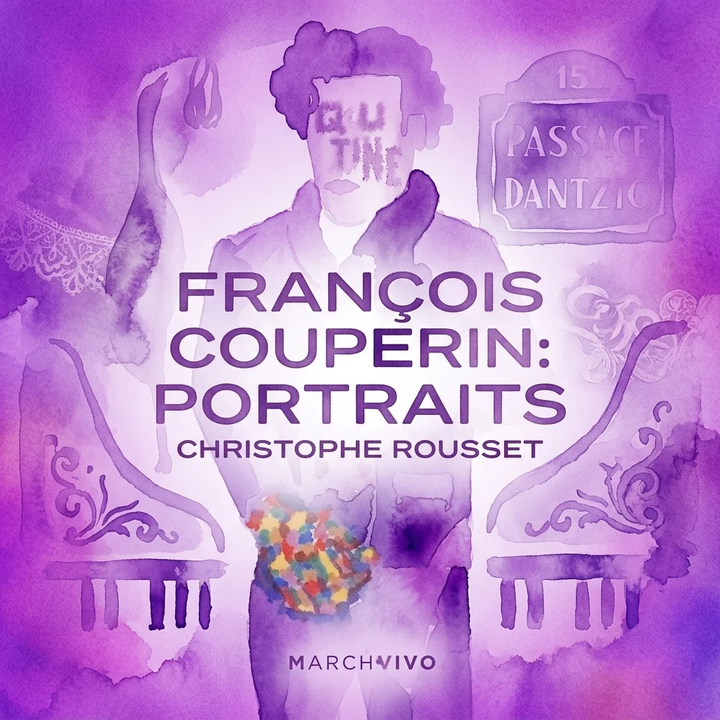 Fioletowa akwarela do 'François Couperin: Portraits' autorstwa Christophe'a Rousseta, przedstawiająca stylizowaną postać, elementy klawesynu oraz szyld 'Passage Dantzig', promująca kolekcję muzyczną.