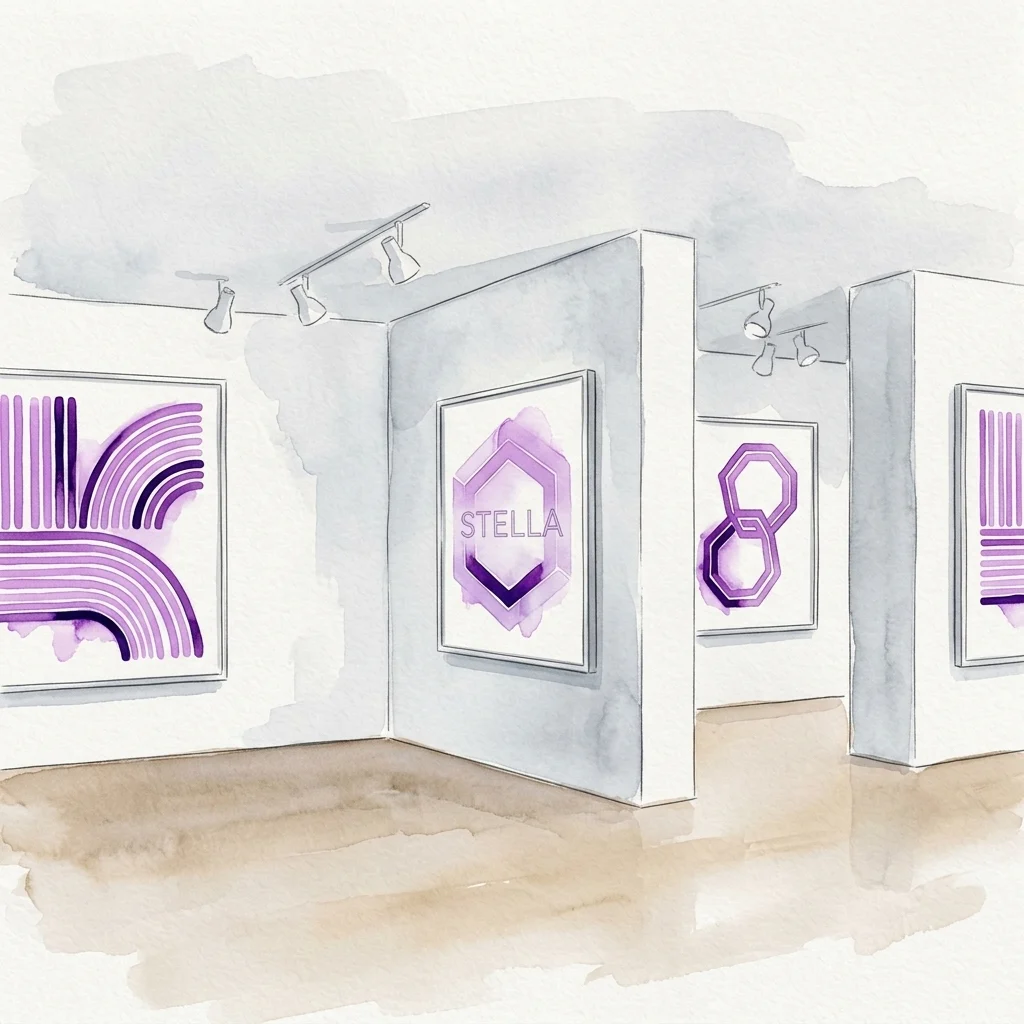 Waterverfillustratie van een kunstgalerie met abstracte grafische prenten van Frank Stella, met paarse geometrische ontwerpen op witte muren en spotverlichting.