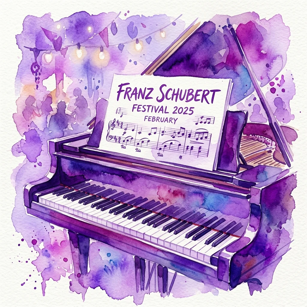 Watercolor illustration of a grand piano with sheet music for Franz Schubert's festival in February 2025, featuring purple and blue hues and string lights.