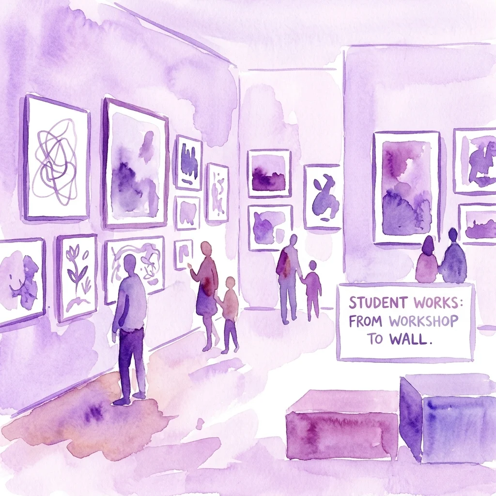 Ilustracja akwarelowa galerii muzealnej z odwiedzającymi oglądającymi prace studentów na ścianach, z napisem 'PRACE STUDENTÓW: OD PRACOWNI DO ŚCIANY', prezentująca edukacyjne dzieła sztuki dzieci i młodzieży.