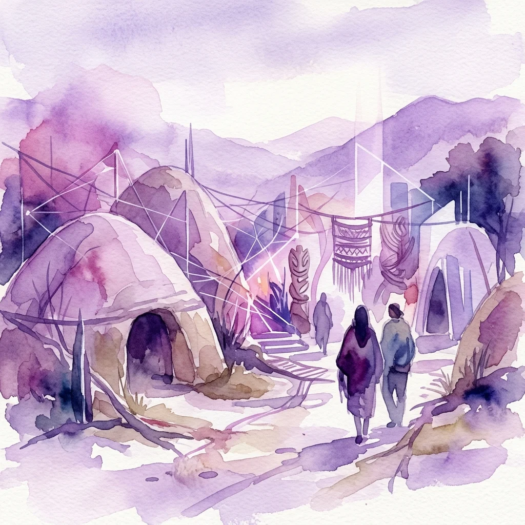Ilustración en acuarela de una escena contemplativa con personas caminando hacia un asentamiento futurista que combina estructuras indígenas y tecnología, evocando temas de supervivencia y continuidad ancestral.