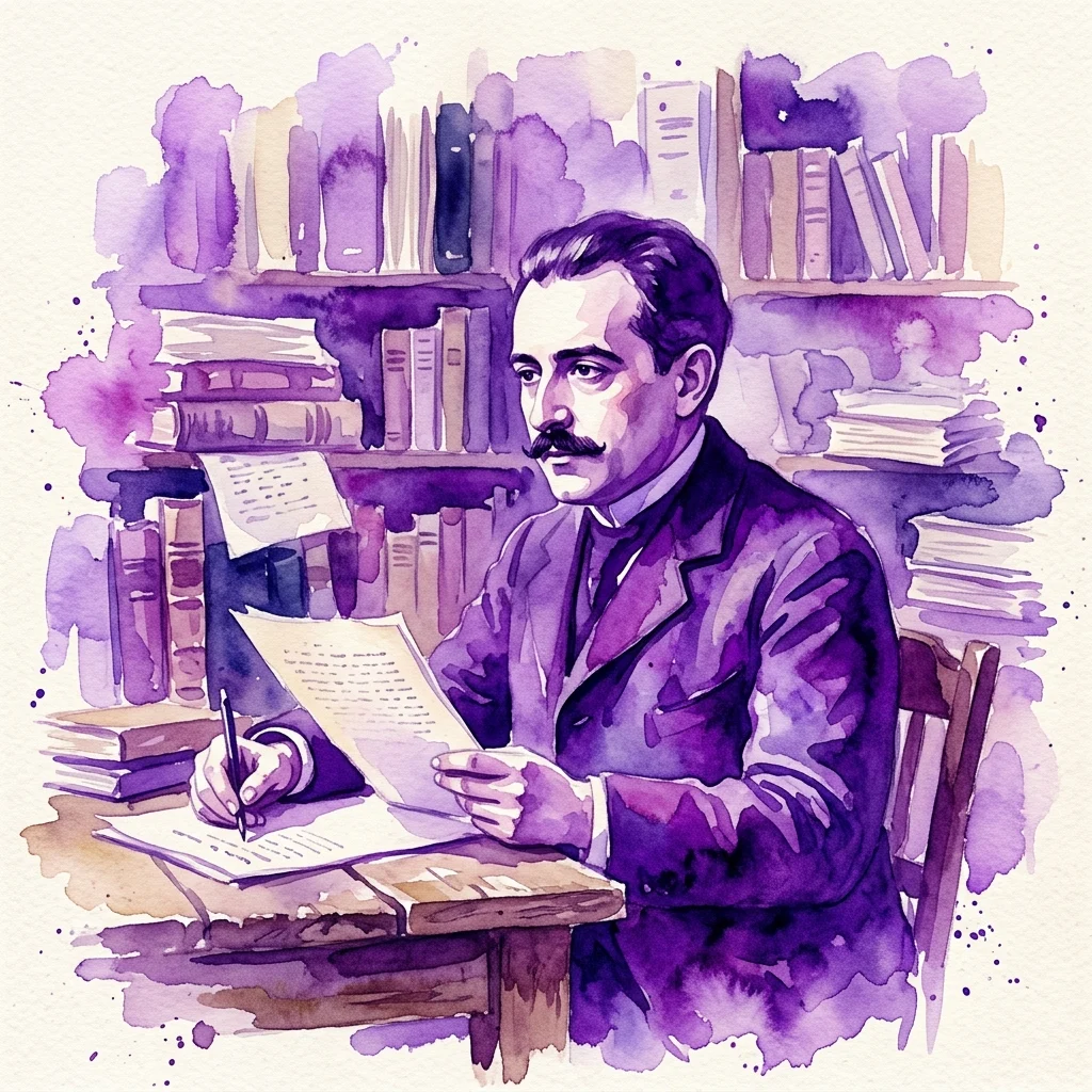Waterverfillustratie van de Spaanse auteur Gabriel Miró die aan een bureau schrijft, omringd door boeken, wat een literaire en wetenschappelijke sfeer oproept.