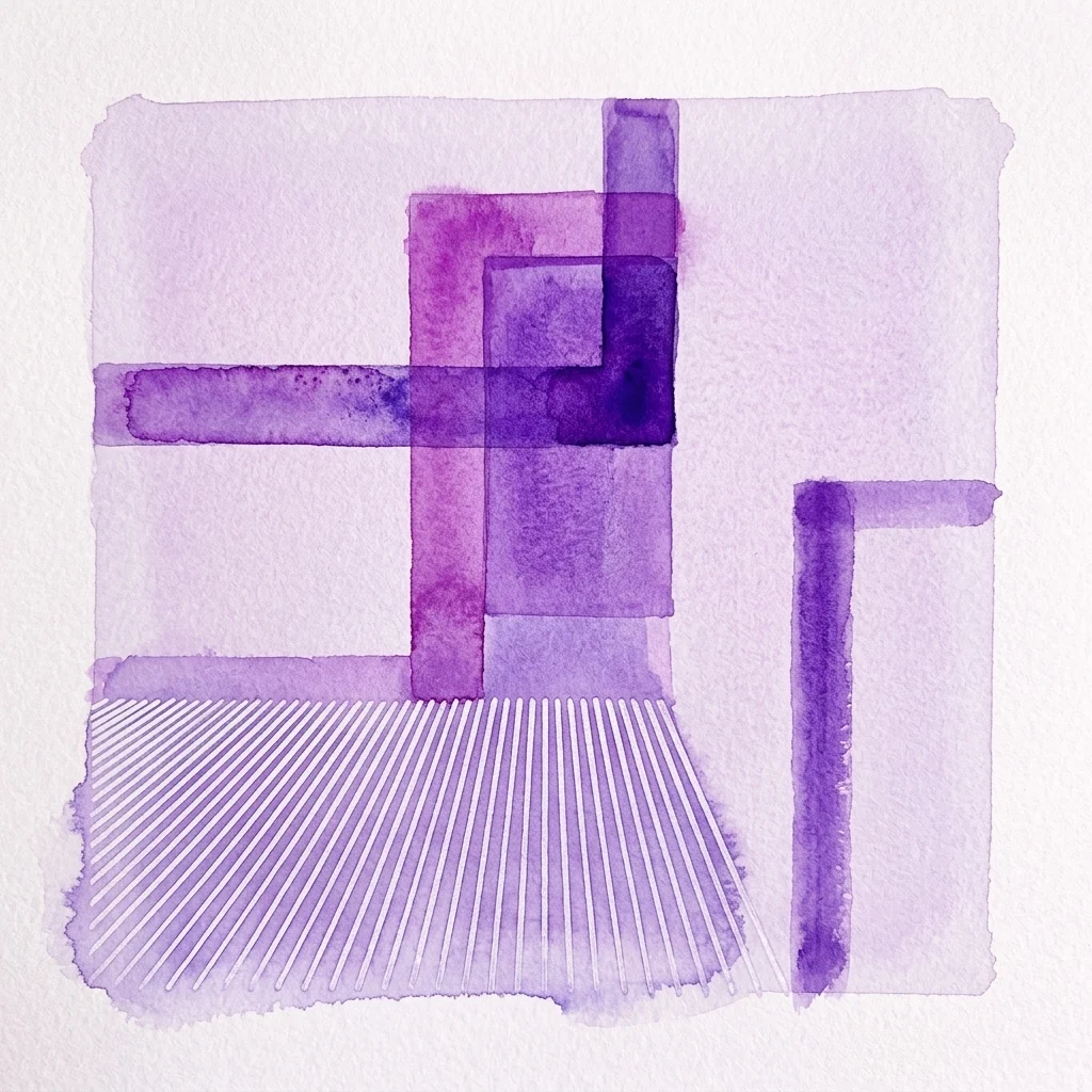 Abstract geometric composition in purple watercolor with overlapping rectangles and white diagonal lines, a silkscreen-inspired artwork by Gustavo Torner.