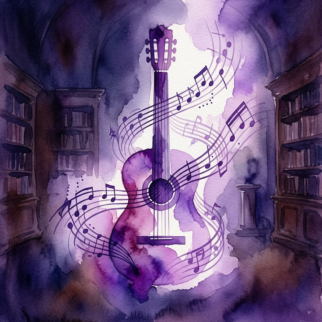 Una ilustración en acuarela de una guitarra clásica rodeada de notas musicales arremolinadas en una biblioteca tenuemente iluminada con estanterías, evocando la fusión de habaneras y tangos.