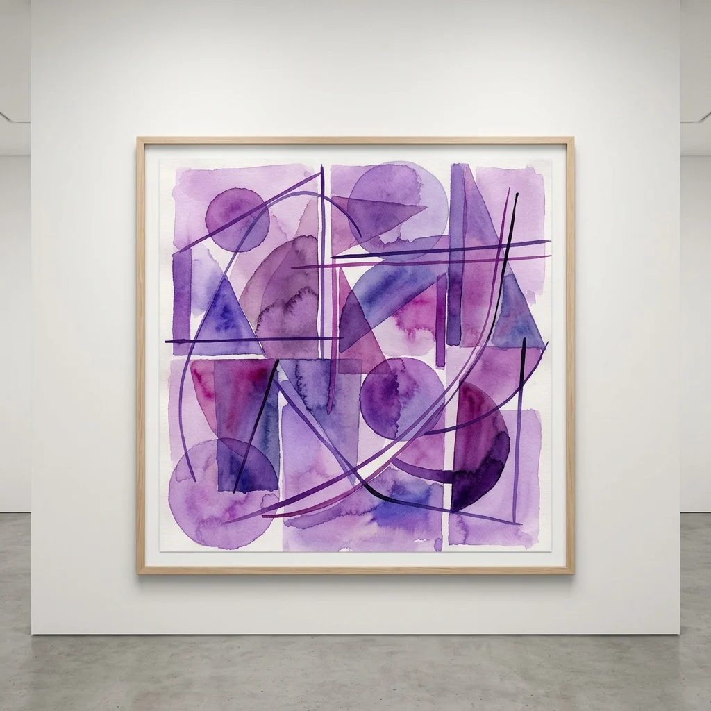 Obra de arte abstracta en acuarela de Hans Hinterreiter con formas geométricas y líneas en tonos morados, expuesta en un marco de madera clara sobre una pared de galería.
