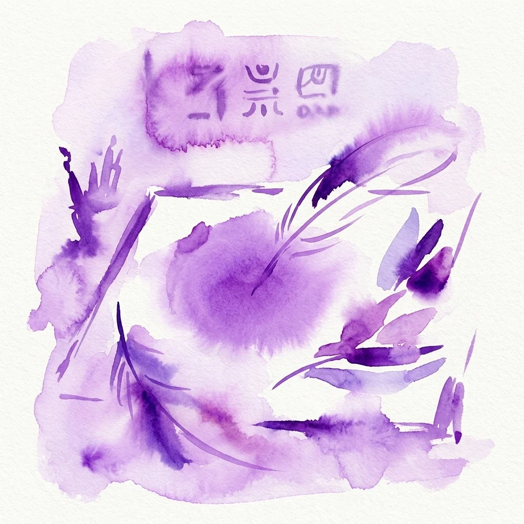 Paarse aquarelillustratie van veren en abstracte vormen, die Henar Iglesias' heropleving van Mesoamerikaanse verenkunst weergeeft.