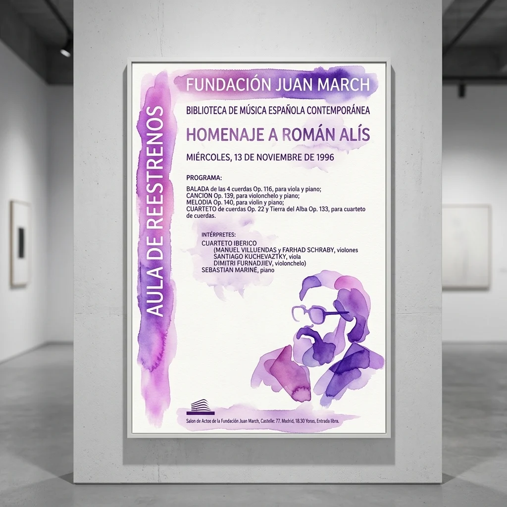 Oprawiony plakat 'Homenaje a Román Alís' w Fundación Juan March, przedstawiający fioletowy portret akwarelowy kompozytora i szczegóły programu koncertu z 1996 roku.