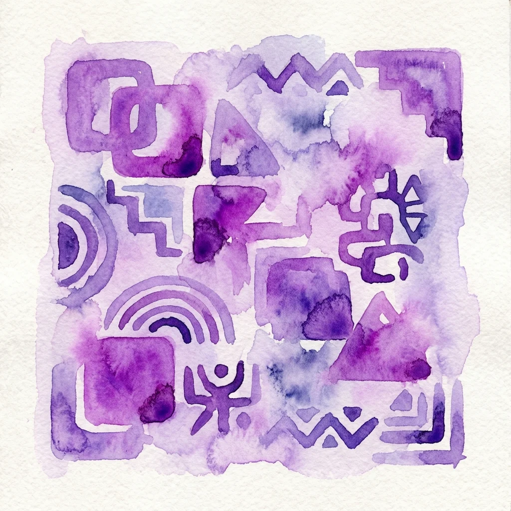 Purple watercolor artwork featuring geometric shapes and patterns inspired by ancient American cultures, part of the 'Huaca (sacred geometries)' exhibition at the Juan March Institute.