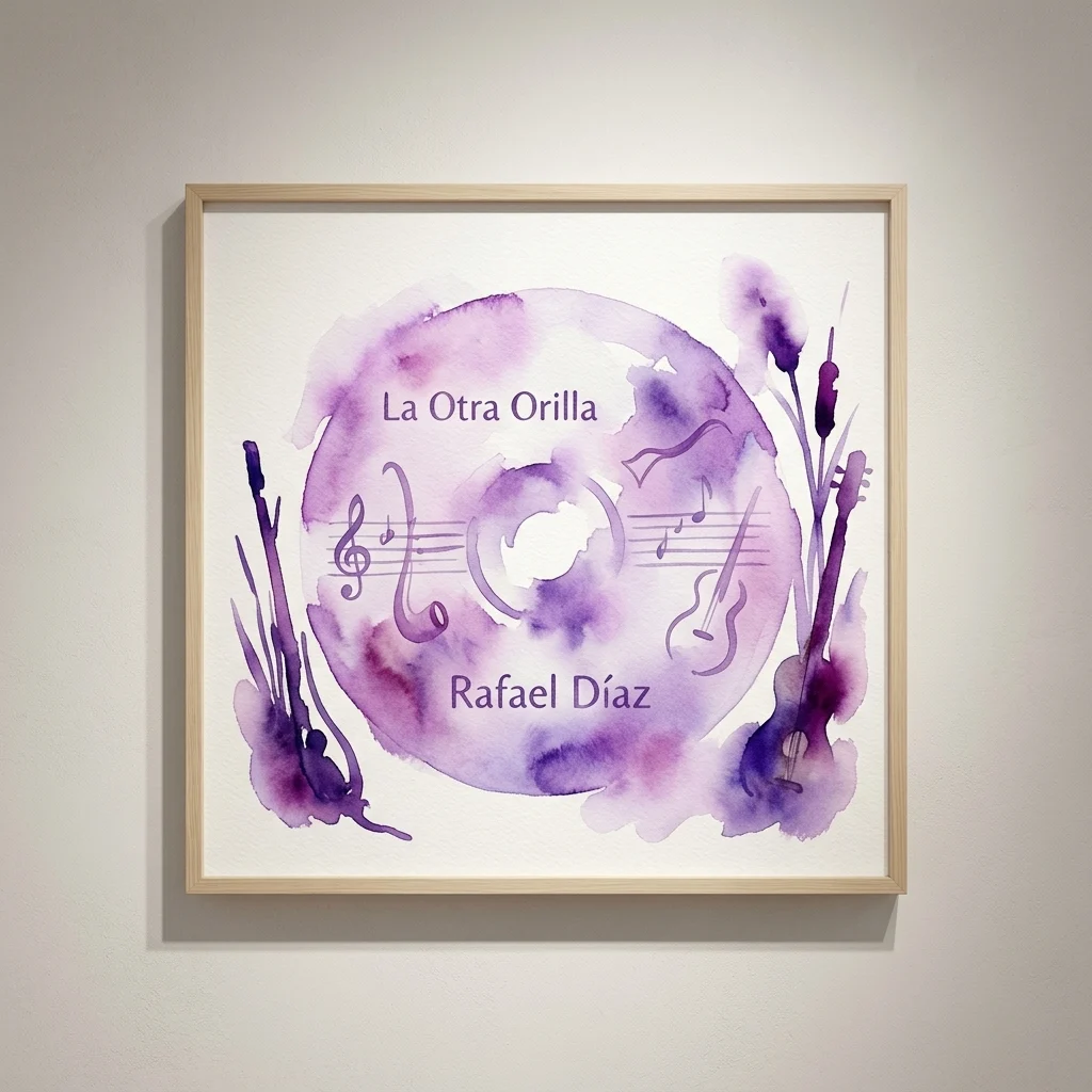 Oprawiona akwarela zatytułowana „La Otra Orilla” Rafaela Díaza, przedstawiająca fioletowy projekt płyty CD z zapisem nutowym i instrumentami, prezentowana w galerii.