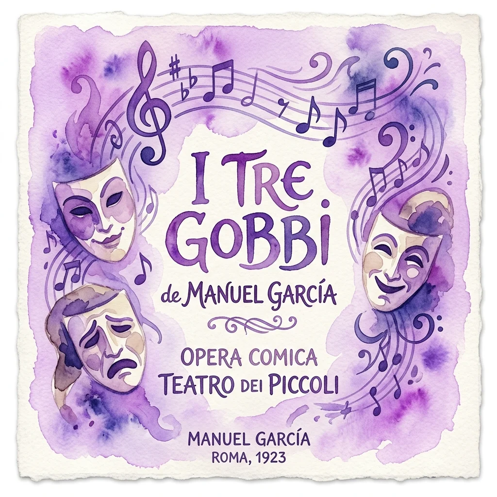Plakat w stylu vintage wykonany techniką akwareli dla "I Tre Gobbi" autorstwa Manuela Garcíi, przedstawiający maski teatralne i nuty muzyczne w odcieniach fioletu, promujący operę comica Teatro dei Piccoli z Rzymu z 1923 roku.