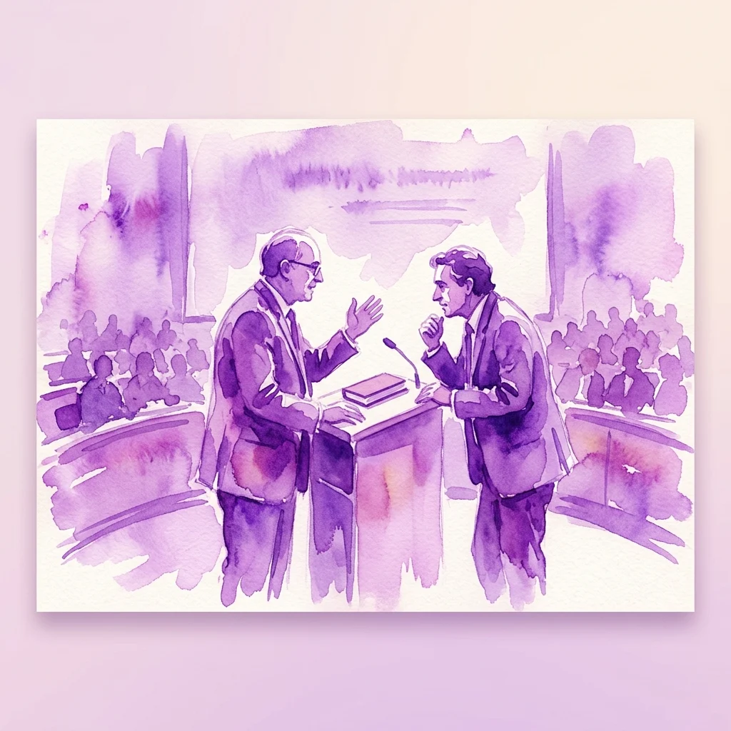 Ilustración en acuarela de dos hombres de traje conversando en un podio durante un coloquio, con una audiencia al fondo, representando una discusión sobre figuras eminentes españolas.