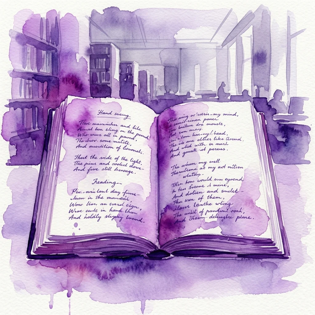 Un libro abierto con poesía manuscrita, sobre un fondo de acuarela morada que representa una biblioteca o archivo, simbolizando la obra del poeta Javier Rodríguez Marcos.