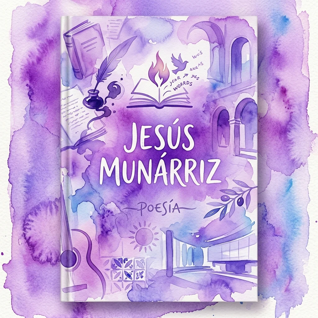 Okładka książki 'Jesús Munárriz: Poesía', wydanej w 2007 roku przez Fundación Juan March, z fioletowym akwarelowym wzorem zawierającym elementy literackie, takie jak otwarta książka, pióro i gitara.