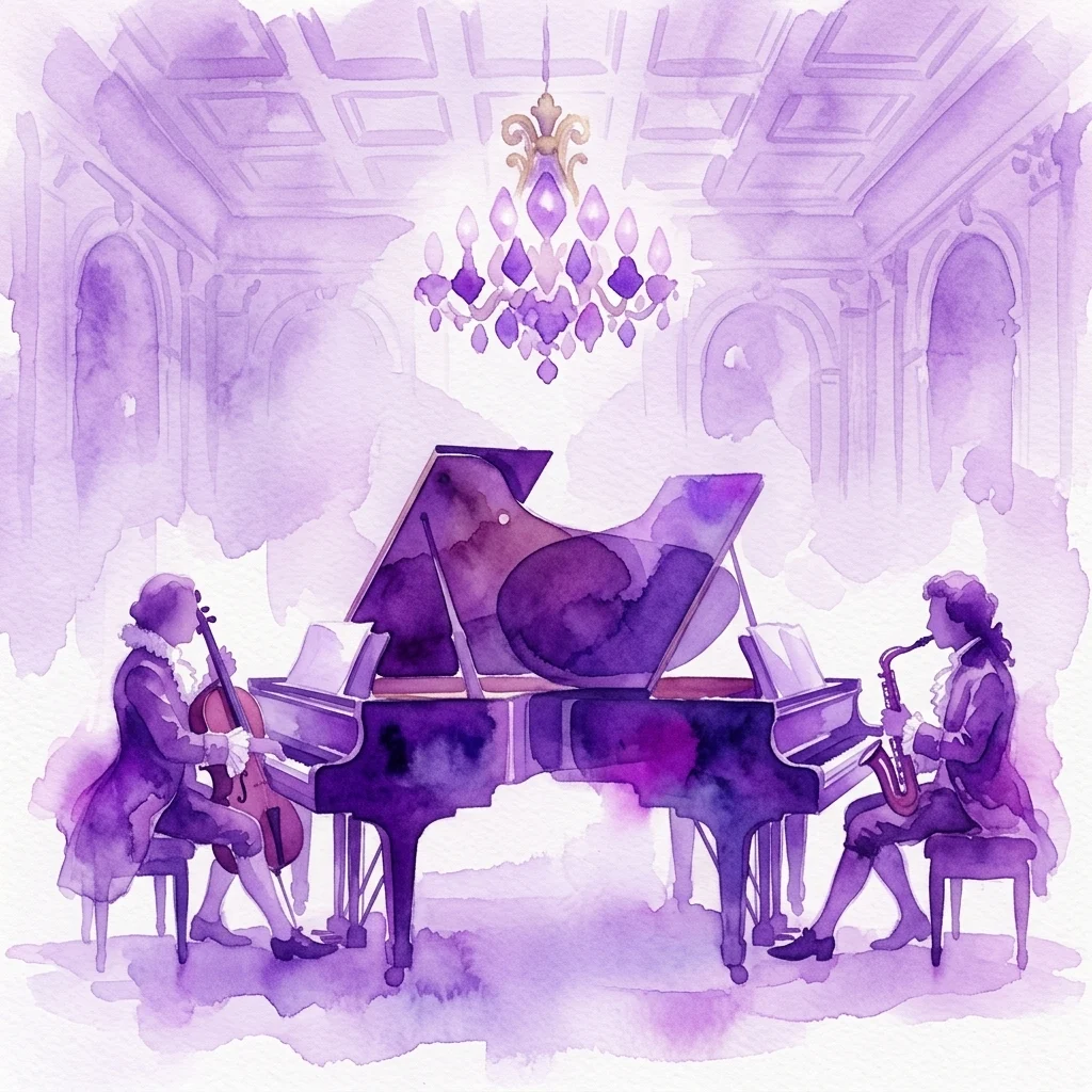 Ilustracja akwarelowa koncertu jazzowego z muzykami w strojach z epoki grającymi na wiolonczeli, fortepianie i saksofonie w sali w stylu barokowym z żyrandolem.