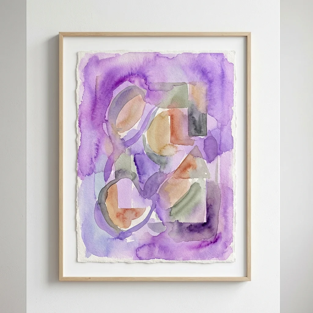 Abstract watercolor painting by Jordi Teixidor featuring purple, beige, and green tones with textured paper and geometric forms, displayed in a light wood frame.