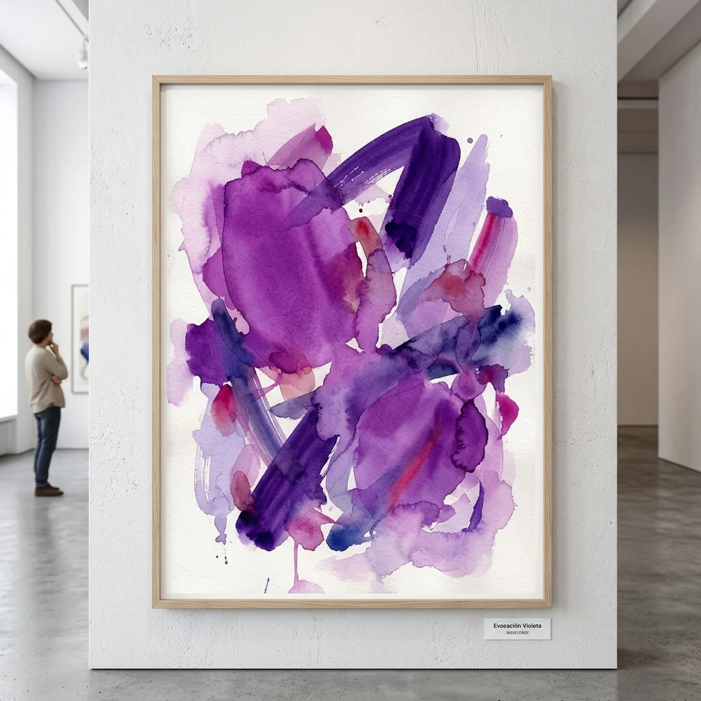 Oprawiony abstrakcyjny obraz akwarelowy w odcieniach fioletu i purpury, zatytułowany 'Evocación Violeta' autorstwa José Guerrero, prezentowany w nowoczesnej przestrzeni galerii z widocznym z tyłu zwiedzającym.