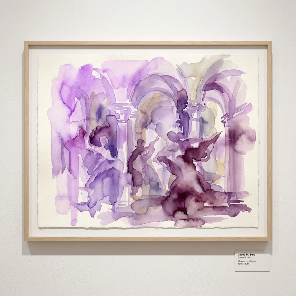 Een aquarel van Josep M. Sert met architectonische elementen en figuren in paarse en mauve tinten, tentoongesteld in een lichte houten lijst aan een galerijmuur.