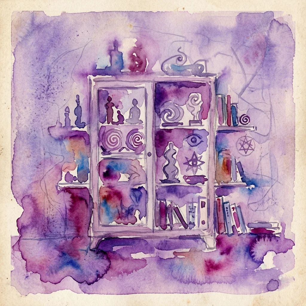 A watercolor illustration of a surrealist cabinet filled with symbolic objects, including spirals, eyes, and esoteric symbols, rendered in a dreamlike purple and blue palette.