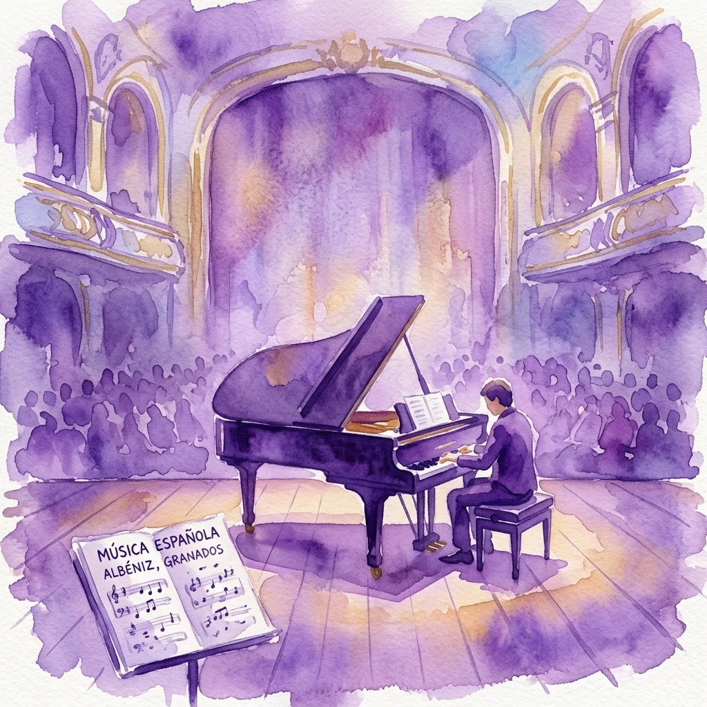 Ilustracja akwarelowa pianisty wykonującego utwór na fortepianie w sali koncertowej, z nutami zatytułowanymi 'Música Española Albéniz, Granados' na pierwszym planie, przywołująca wykonanie muzyki klasycznej przez Juana Floristána.