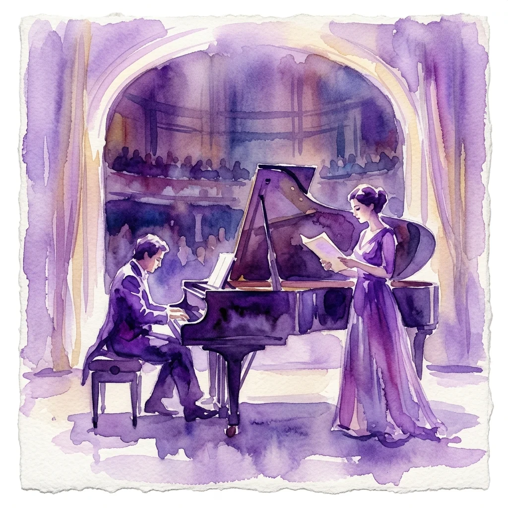Ilustracja akwarelowa koncertu muzyki klasycznej przedstawiająca pianistę i piosenkarkę występujących na scenie w sali koncertowej z publicznością w tle.