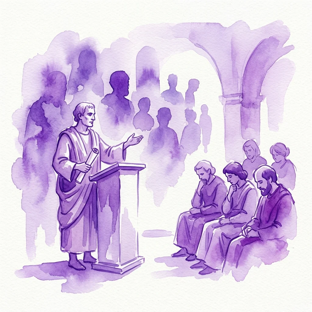 Ilustracja akwarelowa przedstawiająca mówcę przy mównicy przemawiającego do publiczności, z sylwetkami postaci historycznych w tle, reprezentująca kolokwium poświęcone wybitnym hiszpańskim postaciom.
