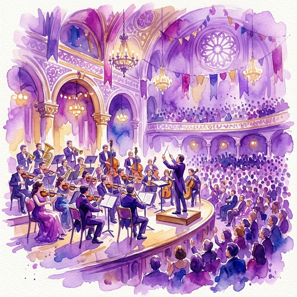 Ilustracja akwarelowa koncertu muzyki klasycznej z orkiestrą występującą na scenie, prowadzoną przez maestro, w wielkiej sali z liczną publicznością i uroczystymi dekoracjami.