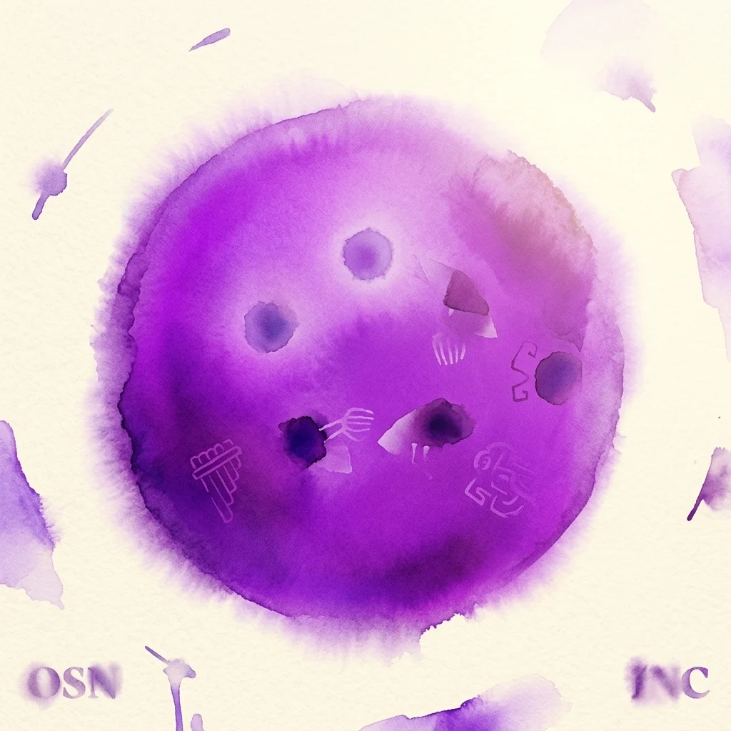 Abstract purple watercolor artwork featuring indigenous Andean musical symbols and text, representing the musical piece K'Achampa by Theodoro Valcárcel.