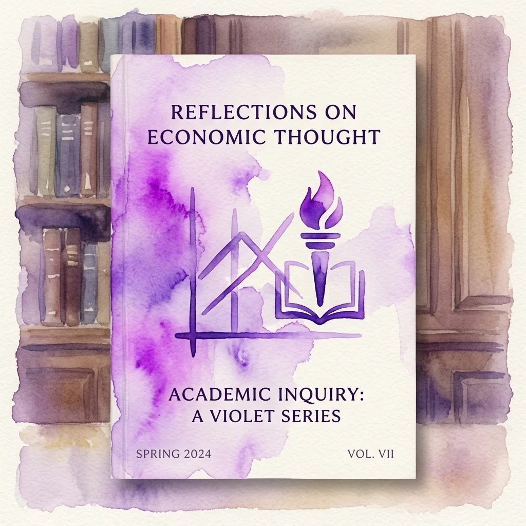 Okładka książki zatytułowana 'Reflections on Economic Thought' z serii 'Academic Inquiry: A Violet Series', Tom VII, wiosna 2024, przedstawiająca fioletowy projekt akwarelowy z ikoną pochodni i otwartej książki, na tle regału.
