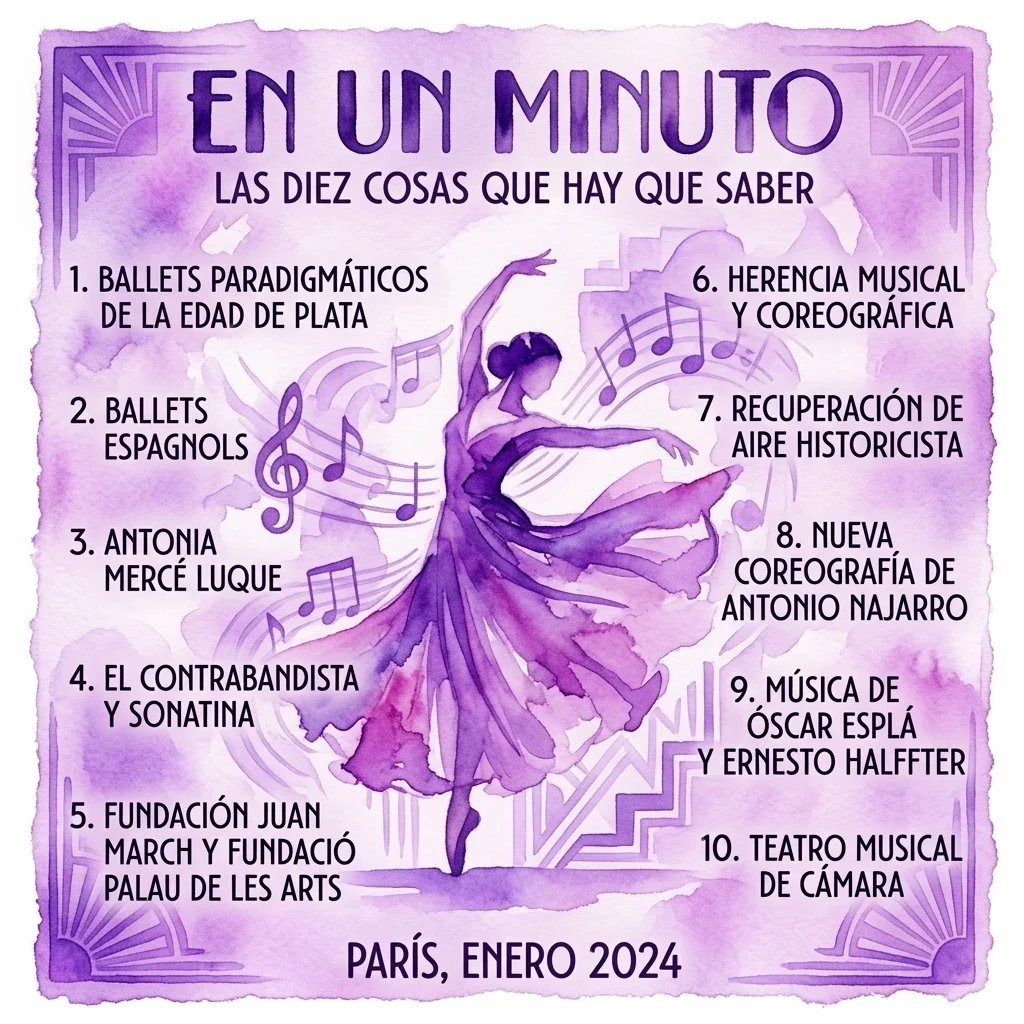 Plakat w stylu vintage z purpurowym akwarelowym wzorem przedstawiający tancerkę w ruchu, nuty i tekst wymieniający dziesięć kluczowych faktów o 'La Argentina' w Paryżu, kameralnym teatrze muzycznym prezentującym balety Oscara Esplá i Ernesto Halfftera, który odbył się w styczniu 2024 roku.