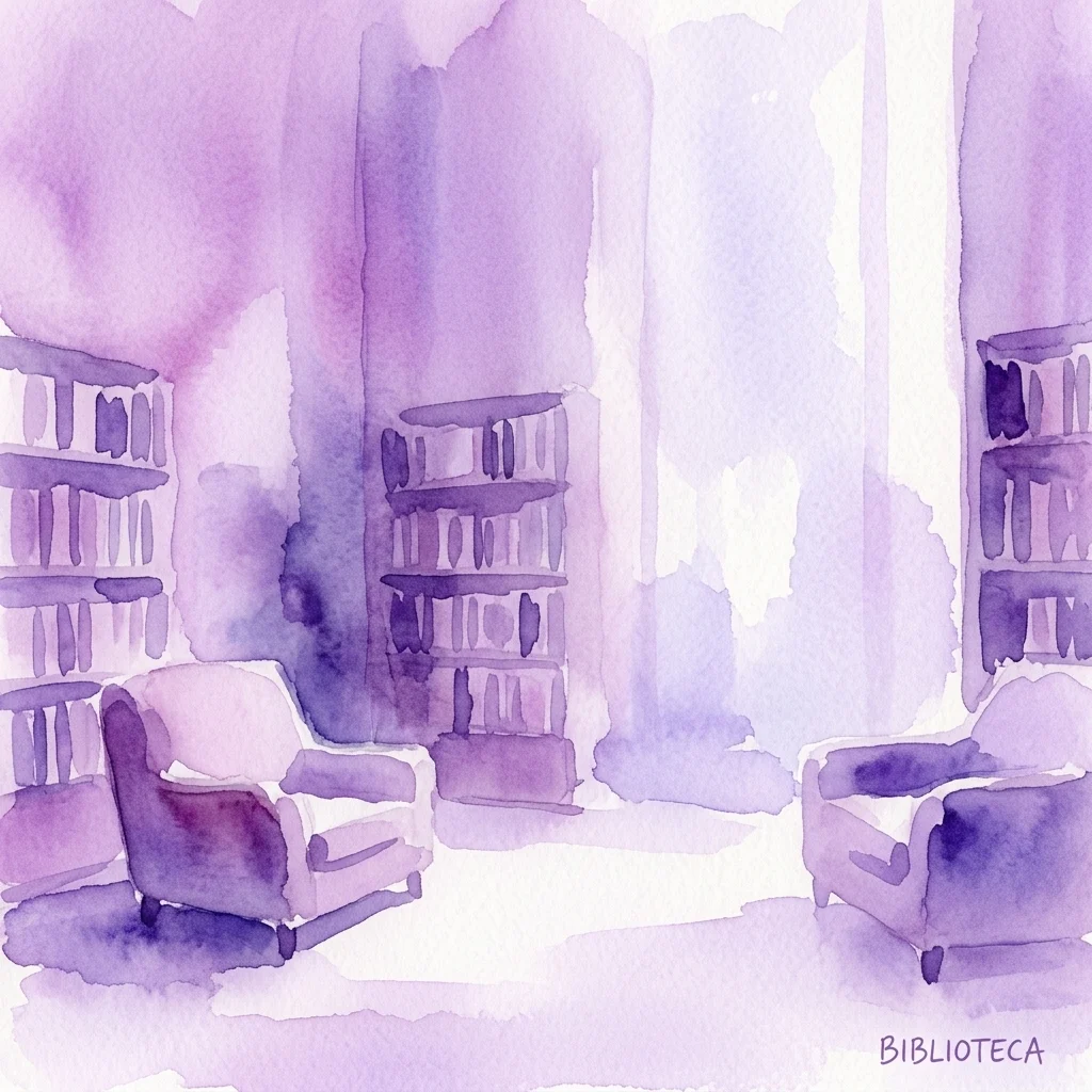 Ilustracja akwarelowa spokojnego wnętrza biblioteki z półkami i fotelami, skąpanego w miękkim fioletowym świetle, przywołującego intelektualne odkrycia i literackie rozmowy.