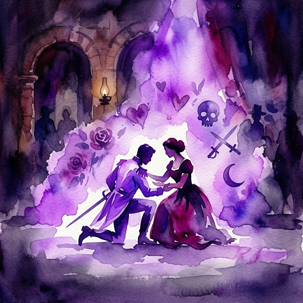 Ilustracja akwarelowa romantycznej i dramatycznej sceny z melodramatu 'Pieśń miłości i śmierci porucznika', przedstawiająca mężczyznę w mundurze klęczącego przed kobietą, otoczonego symbolicznymi obrazami miłości, śmierci i konfliktu.