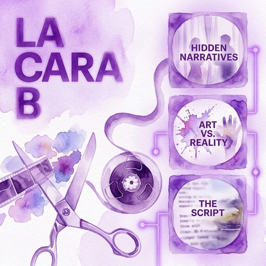 Artistieke illustratie voor 'La Cara B' met paarse aquarelelementen, een schaar die film knipt, een filmrol en drie cirkelvormige iconen met de labels 'Hidden Narratives', 'Art vs. Reality' en 'The Script', die een reeks video-essays vertegenwoordigen die de kruispunten van kunst en werkelijkheid verkennen.