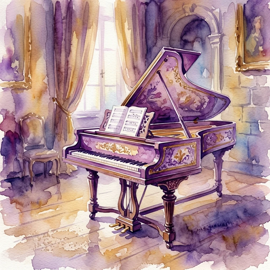 Una ilustración en acuarela de un clavicémbalo vintage con partituras, ambientado en una habitación histórica con poca luz y detalles ornamentados, con un retrato en la pared.