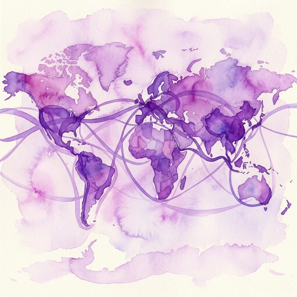Abstracte paarse aquarel wereldkaart met onderling verbonden lijnen die wereldwijde economische handelsroutes en regionale blokken symboliseren.