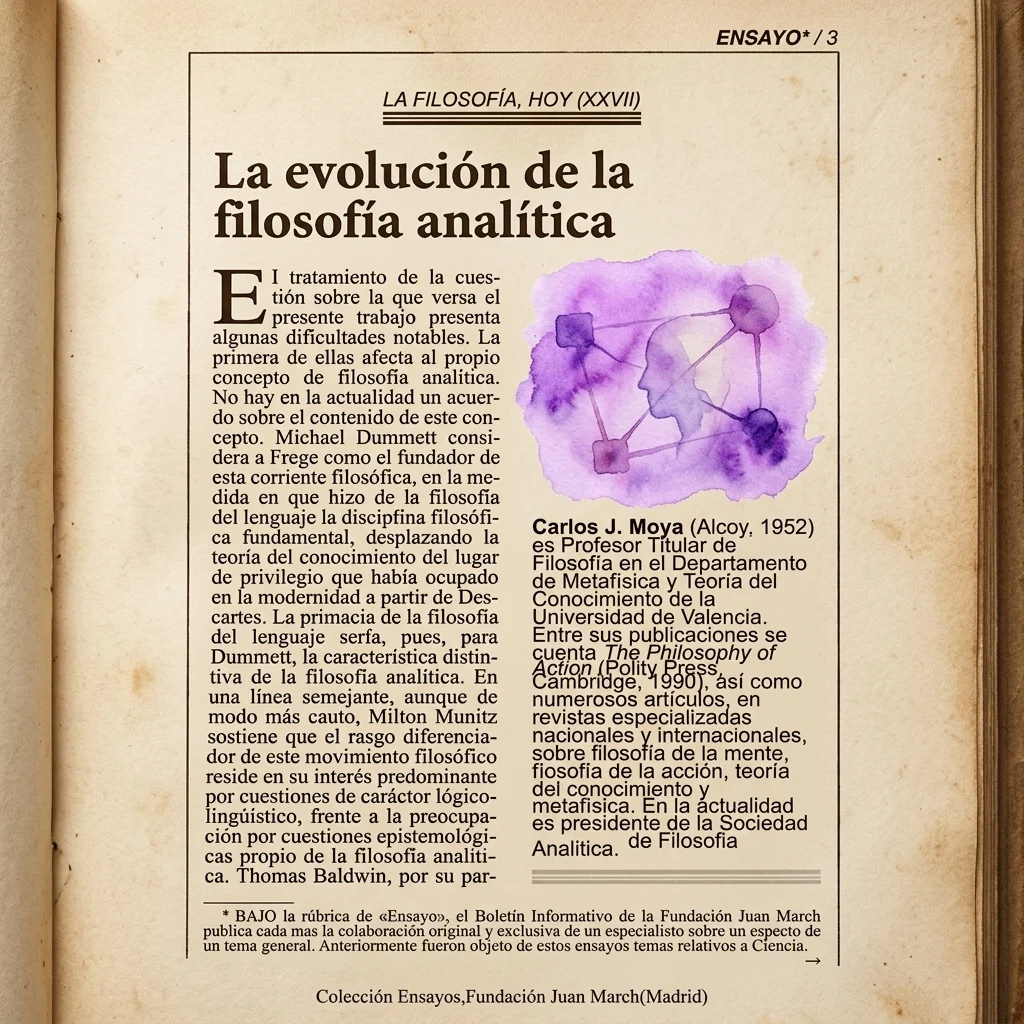 Otwarta strona książki z artykułem zatytułowanym 'La evolución de la filosofía analítica' autorstwa Carlosa J. Moyi, z fioletową abstrakcyjną ilustracją połączonych węzłów i sylwetką, wydana przez Fundację Juana Marcha.