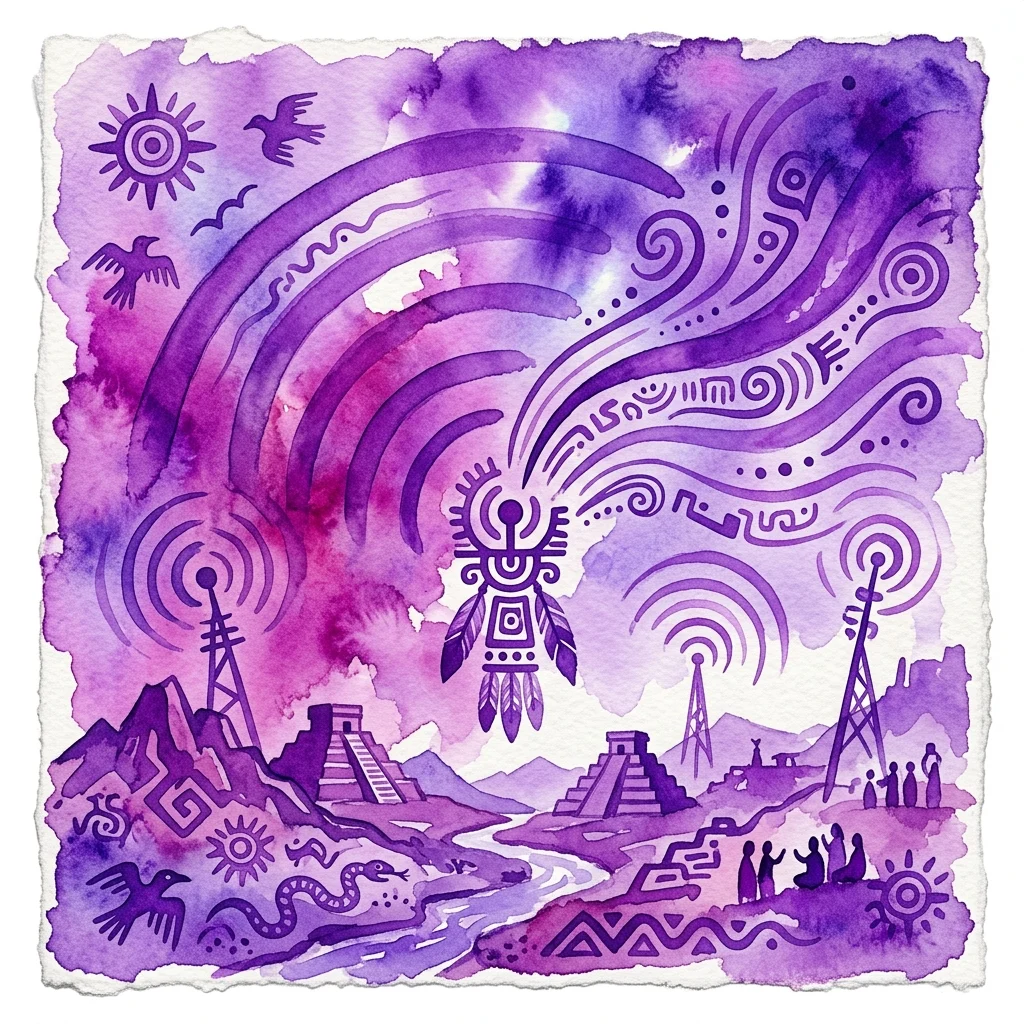 A purple watercolor artwork depicting pre-Columbian indigenous symbols, radio towers, and ancient pyramids, representing the concept of national broadcast in the Americas.