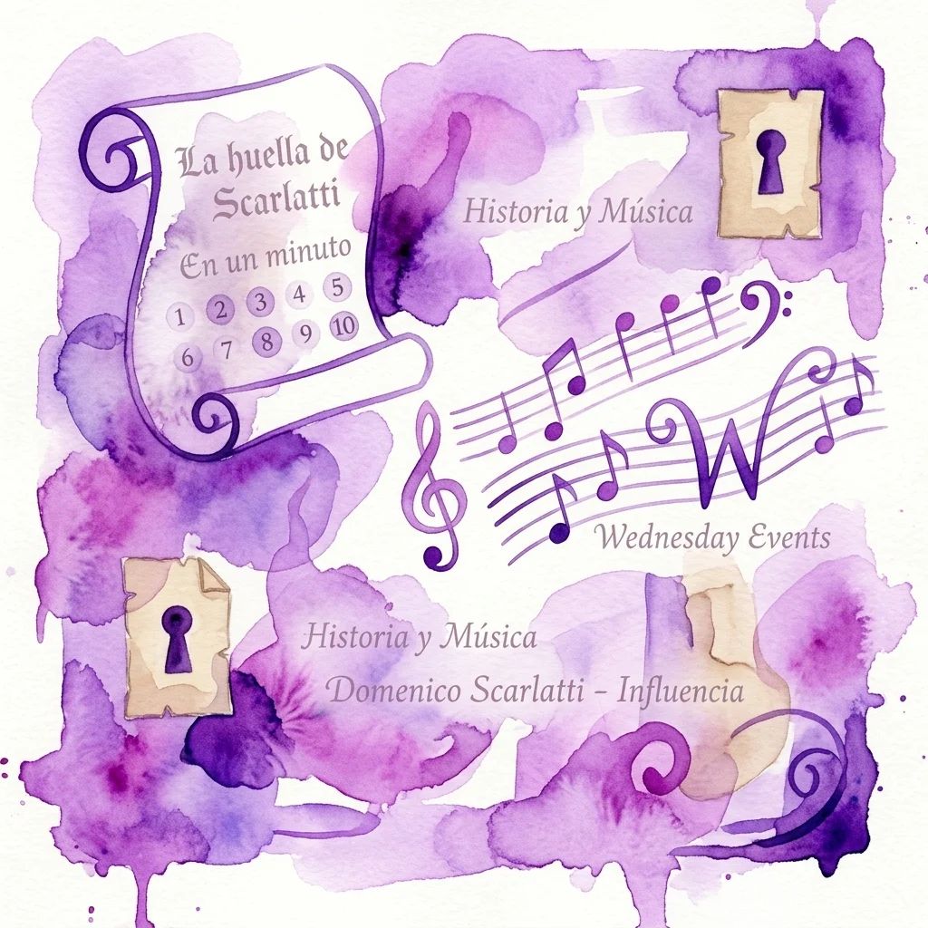 Una ilustración en acuarela morada con notas musicales, un pergamino con el texto 'La huella de Scarlatti' y motivos de ojo de cerradura, que representa una exposición histórica de música sobre la influencia de Domenico Scarlatti.