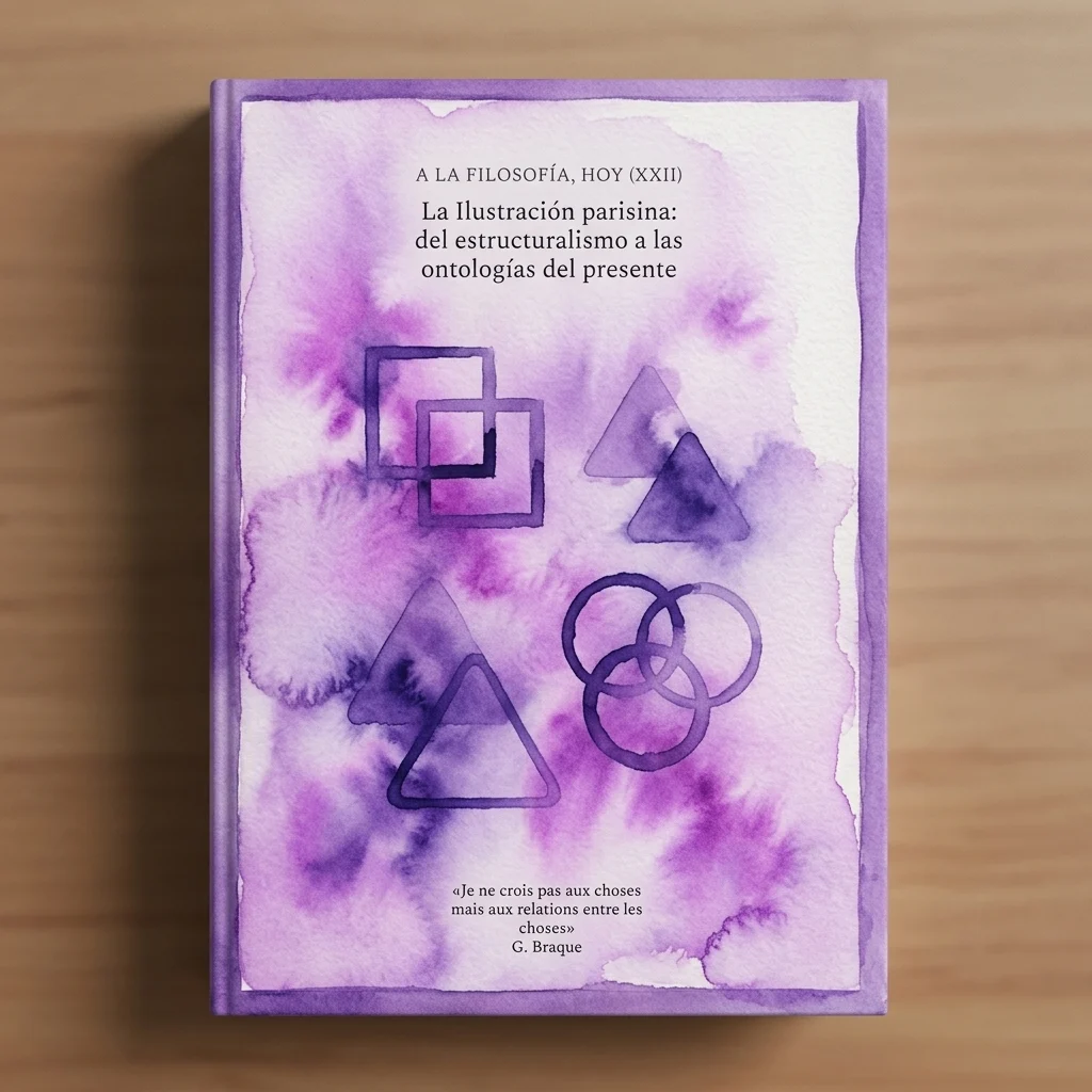 Naukowa okładka książki z fioletowym tłem akwarelowym i geometrycznymi kształtami, zatytułowana 'La Ilustración parisina: del estructuralismo a las ontologías del presente' autorstwa Miguela Moreya, część serii 'A la Filosofía, Hoy'.
