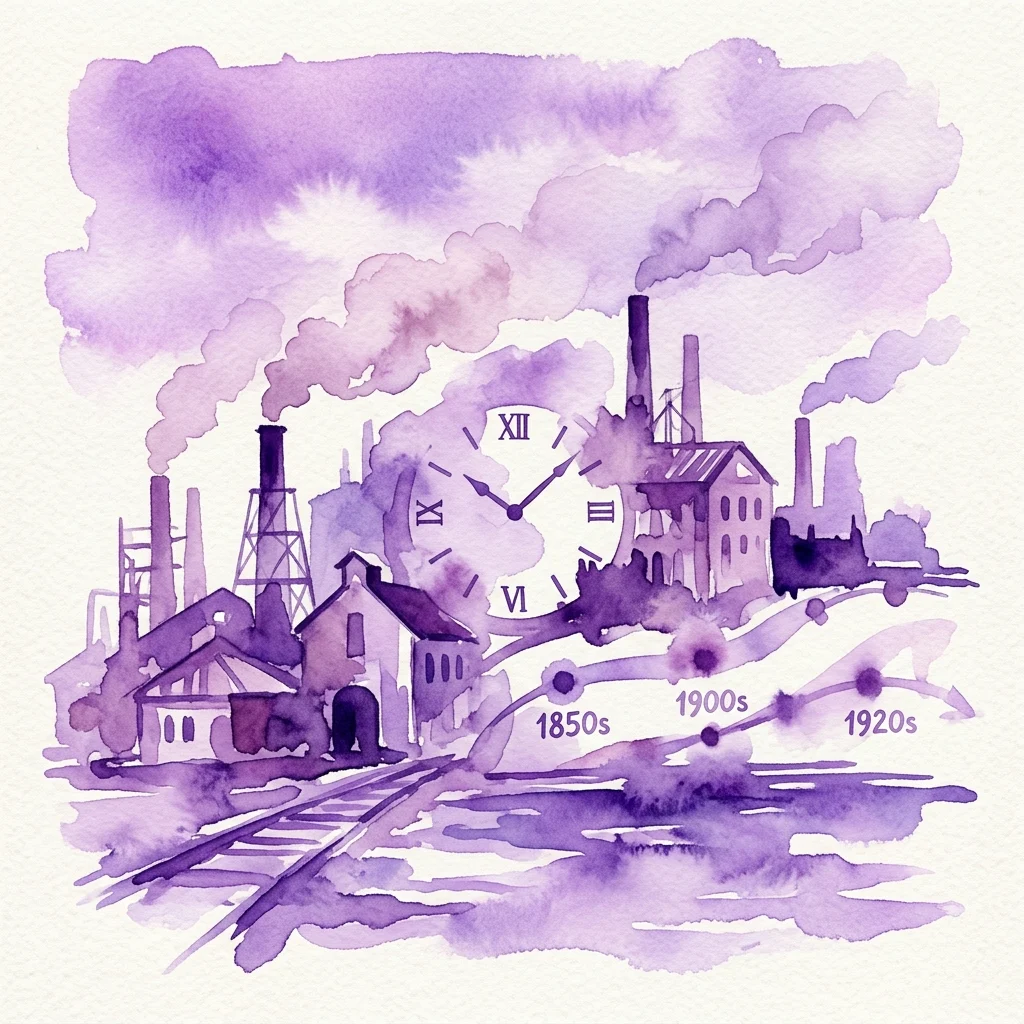 Watercolor illustration of industrial landscapes with factories, smokestacks, and a clock, showing timelines from the 1850s to the 1920s in purple hues.