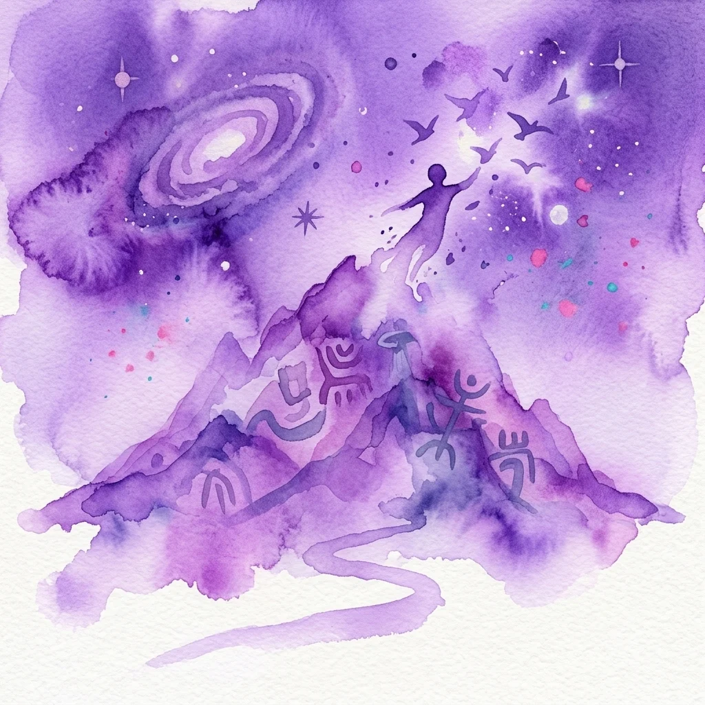 Surrealistyczna, fioletowa akwarela przedstawiająca mistyczny górski krajobraz z pradawnymi symbolami rdzennych mieszkańców, kosmiczną galaktyką spiralną, gwiazdami i postacią wznoszącą się ku niebu, przywołującą duchową podróż i transformację.